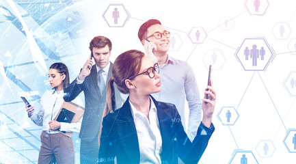 Poster - Diverse business team with phones, social network