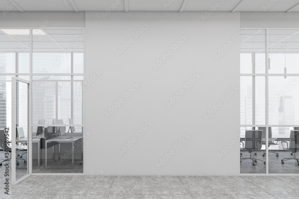 White open space office corridor with mock up wall - obrazy, fototapety, plakaty 