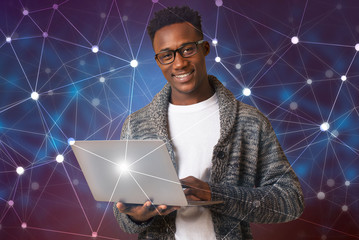 Poster - Man using personal computer with flying network