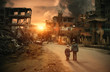 Two homeless little girl walking in destroyed city, soldiers and helicopters and tanks are still attacking the city