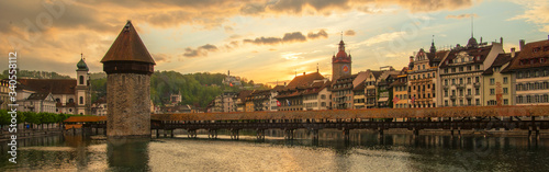 Kapellbrucke Panorama night view Historic Chapel bridge (Famous covered wooden f Poster Mural XXL