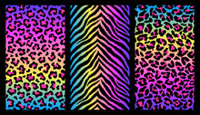 Set Of 3 Colorful Vertical Animal Fur Prints. Animalistic Backgrounds. Detailed Textures For Posters, Covers, Etc. Rainbow Gradients.	