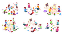 Children Playing, Isometric Elements, Kindergarten Education And Leisure Activity. Children Playing Toys, Music Instruments And Alphabet Cubes, Reading Books And Painting, Isometric Illustration Set
