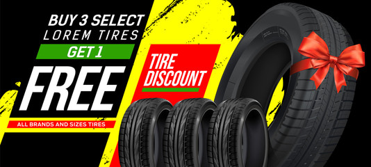 Tire shop, spare parts and auto service discount promotion design. Tire shop vector banner of car wheel tyres with tread track price offer. Editable graphic layout. Black Friday sale.