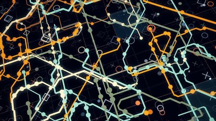 Poster - Abstract futuristic electronic circuit board with electrical signals flowing in electrical conductors PCB. Animation. Neural network and big data, artificial intelligence, matrix concept, seamless