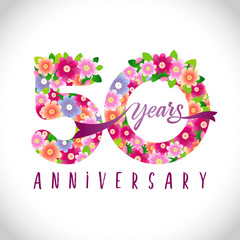 Wall Mural - 50 th anniversary numbers. 50 years old logotype. Floral pink congrats. Isolated abstract graphic design template. Creative holiday digits with vector mask. Up to 50%, -50% percent off discount.