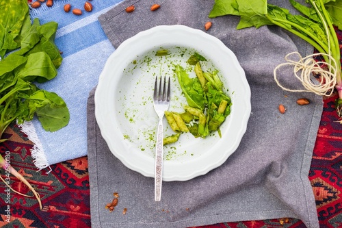Cuadros en Lienzo Food leftovers on dirty plated dish after vegan lunch, dinner or breakfast