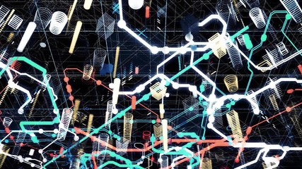 Poster - High tech computer circuit board with many signals flowing fast on black background, modern technologies concept. Animation. Abstract schematic microcircuit.