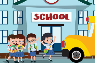 Sticker - School kids in campus vector design. pre-school, student kids characters happy boarding on a school bus after class in school campus background. Vector illustration.
