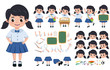 © Zeinous - Student girl in uniform character creation, kit vector set. pre-school, student in uniform editable and in different face head, hand and body gesture for education elements. Vector illustration.