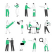 Set of Male and Female Business Characters with Huge Stationery Pen, Stamp, Magnifier, Handshake Deal Agreement, Negotiation. People Hiring at Work and Fired from Job. Linear Vector Illustration