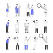 Set of Doctors and Patients Characters. Handicapped People with Leg Fracture and Prosthesis, X-rays and Mri Scanner Image. Sick Person Treatment in Medical Clinic Chamber. Linear Vector Illustration
