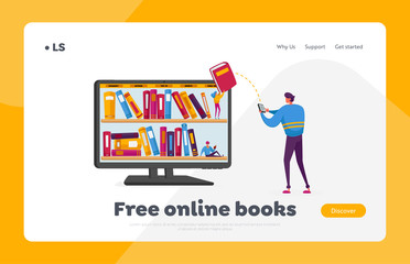 Aufkleber - electronic library, e-learning and online education landing page template. male character stand at h