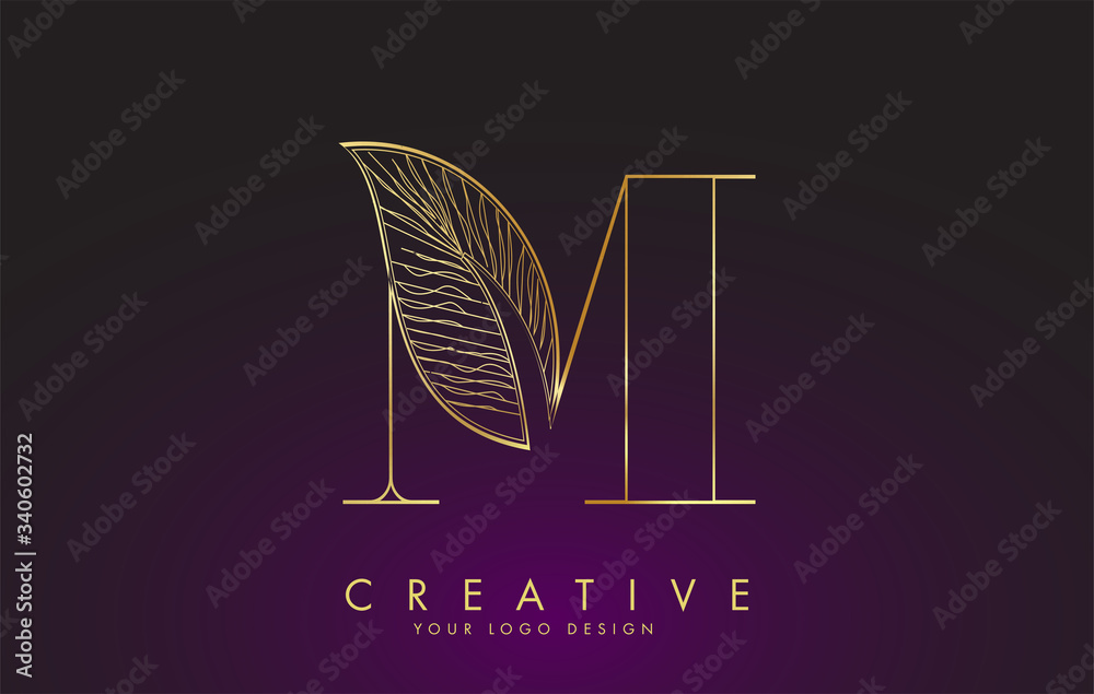 Outline Golden Letter M Logo icon with Wired Leaf Concept Design. Stock ...
