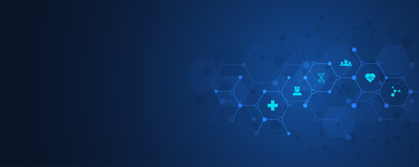 Wall Mural - Healthcare and technology concept with flat icons and symbols. Template design for health care business, innovation medicine, science background, medical research.