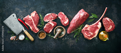 Cuadros en Lienzo Variety of raw beef meat steaks for grilling with seasoning and utensils