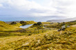 Landscape view with grass tussocks, rocks and sea of Isle of Skye, Scotland
