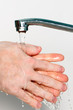Washing of hands with soap under running water. on a white background
