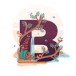Vector illustration of the letter B. Stylized illustration of nature and the letter B at the base.