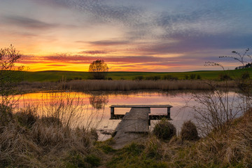 Wall Mural - wooden jetty at a small lake during a beautiful sunset