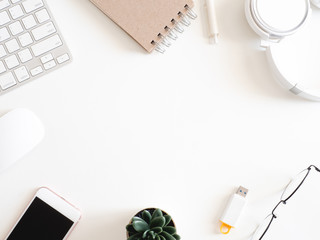 Poster - top view of work from home concept with keyboard, calculator and notebook on white background, graphic designer, Creative Designer concept.