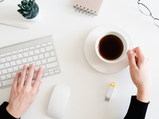 Poster - top view of work from home concept with keyboard, calculator and notebook on white background, graphic designer, Creative Designer concept.
