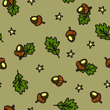 Fototapeta Dinusie - Seamless vector pattern with acorns and stars on grey background. Beautiful nature wallpaper design with magical shine.