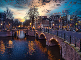 Fototapete - Typical Amsterdam Bridge View, under an amazing Sky at Sundown