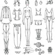 Vector set: paper doll and collection of comfortable sport clothes and accessories for cut out and play , coloring it for girls. Educational toy. Top, leggings, sneakers, dumbbells, bottle of water.