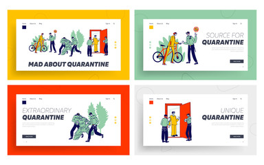 Wall Mural - Quarantine Control Landing Page Template Set. Characters Violate Self Isolation, Policemen Arrest Person in Costume of Tree, Bicyclist in Park, Cheking Quarantined People. Linear Vector Illustration