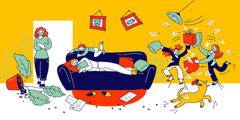 Wall Mural - Naughty Children Characters Fighting, Playing and Making Mess around Sleeping Father at Quarantine Covid 19 Isolation. Kids Fooling and Fight Pillows, Bad Behaviour. Linear People Vector Illustration