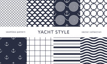 Set Of Nautical Seamless Patterns. Yacht Style Design. Vintage Decorative Background. Template For Prints, Wrapping Paper, Fabrics, Flyers, Banners, Posters And Placards. Vector Illustration. 
