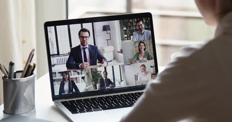Wall Mural - webcam company team meeting concept. remote employee conferencing boss and coworkers in online group