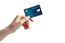 Woman Hand Holding And Showing Blue Mock Up  Credit Card, Front Side View, Isolated On White Background. Shopping Concept