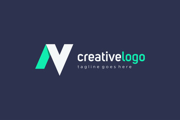 Poster - abstract initial letter n and v logo. green and white linked letter origami style isolated on blue b