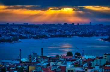 Fototapete - Beautiful Galata Tower Point of View and Cityscape in Istanbul, Turkey at Sunset, under an amazing Sky  