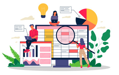 Accounting report vector illustration. Professionals with laptops and magnifiers analyzing financial data sheet. Team of accountant working with bookkeeping software