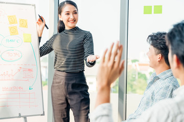 Wall Mural - Group of asian young modern people in smart casual wear having a brainstorm meeting while sitting in office background. Business meeting, Planning, Strategy, New business development, Startup concept.