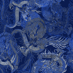 Creative seamless pattern with hand drawn chinese art elements: dragon, lantern, fan and flowers. Trendy print. Fantasy chinese dragon, great design for any purposes. Asian culture. Abstract art.