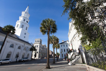 a view of the st michaels church in historic charleston