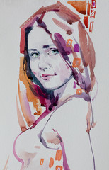 watercolor painting, female portrait, handmade   