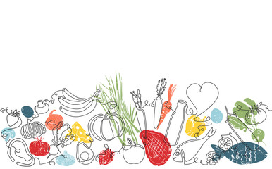 Wall Mural - Background with Organic Food. Pattern with Vegetables, fruits, meat and seafood. Continuous drawing style. Vector illustration.