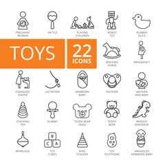 Sticker - Toys flat icons set. Twenty two line illustrations