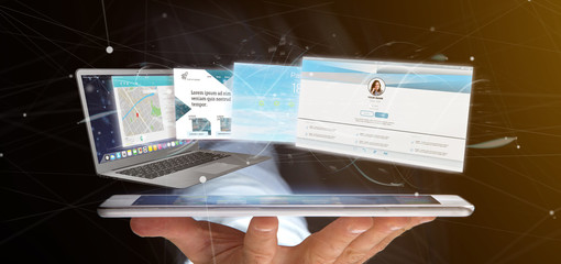 Poster - Businessman holding a Website application going out a laptop screen 3d rendering