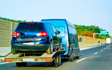 Canvas Print - Crashed Cars carrier truck in road Slovenia reflex