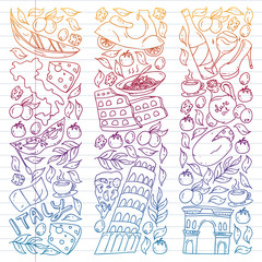 Wall Mural - Italy vector elements and icons. Doodle pattern with italian culture, cities Roma, Venice, Milan, cheese, wine.