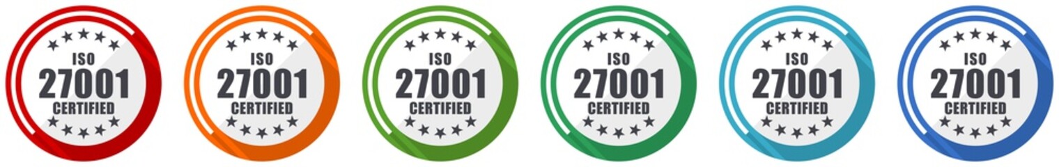 Fototapete - Iso 27001 icon set, flat design vector illustration in 6 colors options for webdesign and mobile applications