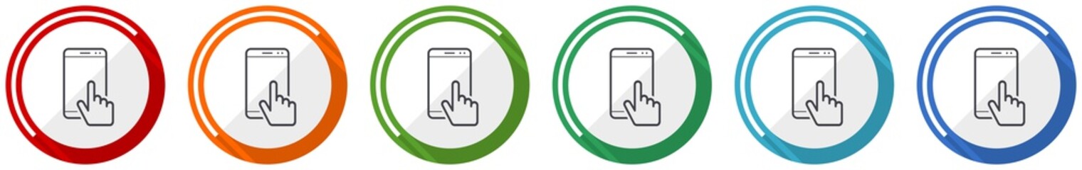 Leinwandbilder - Smartphone icon set, mobile phone flat design vector illustration in 6 colors options for webdesign and mobile applications