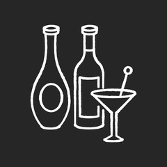 Wall Mural - Wine and spirits chalk white icon on black background. Alcoholic beverages in bottles. Martini in glassware. Bar menu. Various drinks. Booze, refreshment. Isolated vector chalkboard illustration