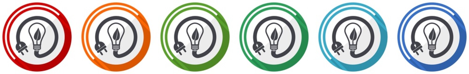 Poster - Ecology, eco bulb icon set, renewable energy flat design vector illustration in 6 colors options for webdesign and mobile applications